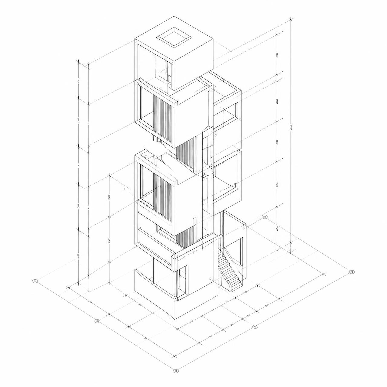 Isometric technical drawing of a modular architectural tower with dimension callouts